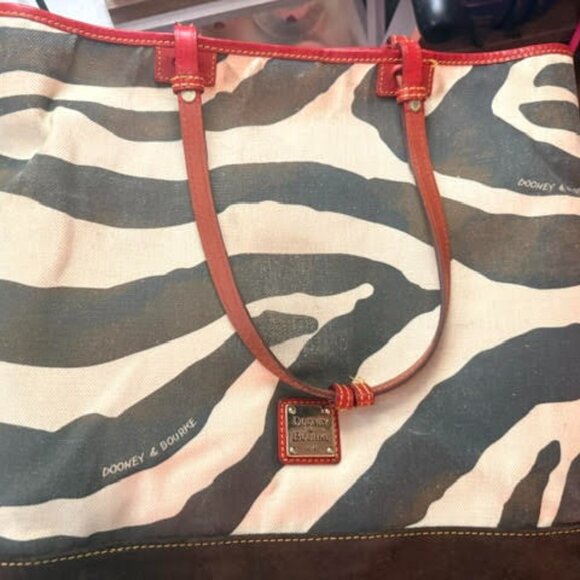 Dooney & Bourke Tote Bag Black White Zebra Print Leather Trim Double Handle - Picture 1 of 10